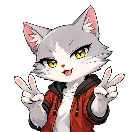 Mix：灰色と白の猫、赤いパーカー、金色の目
