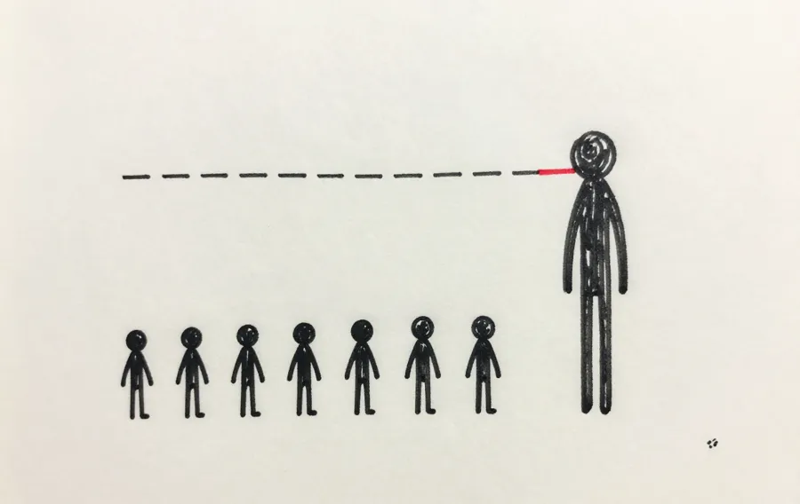 小さい人が9人、右に1人だけ巨人。平均の点線は巨人の頭の高さ＝誰の位置でもない